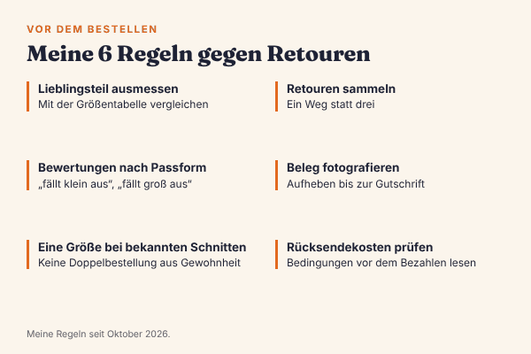 Checkliste meiner 6 Regeln gegen unnötige Retouren: Lieblingsteil ausmessen, Bewertungen nach Passform lesen, nur eine Größe bei bekannten Schnitten, Retouren sammeln, Einlieferungsbeleg fotografieren, Rücksendekosten vorher prüfen